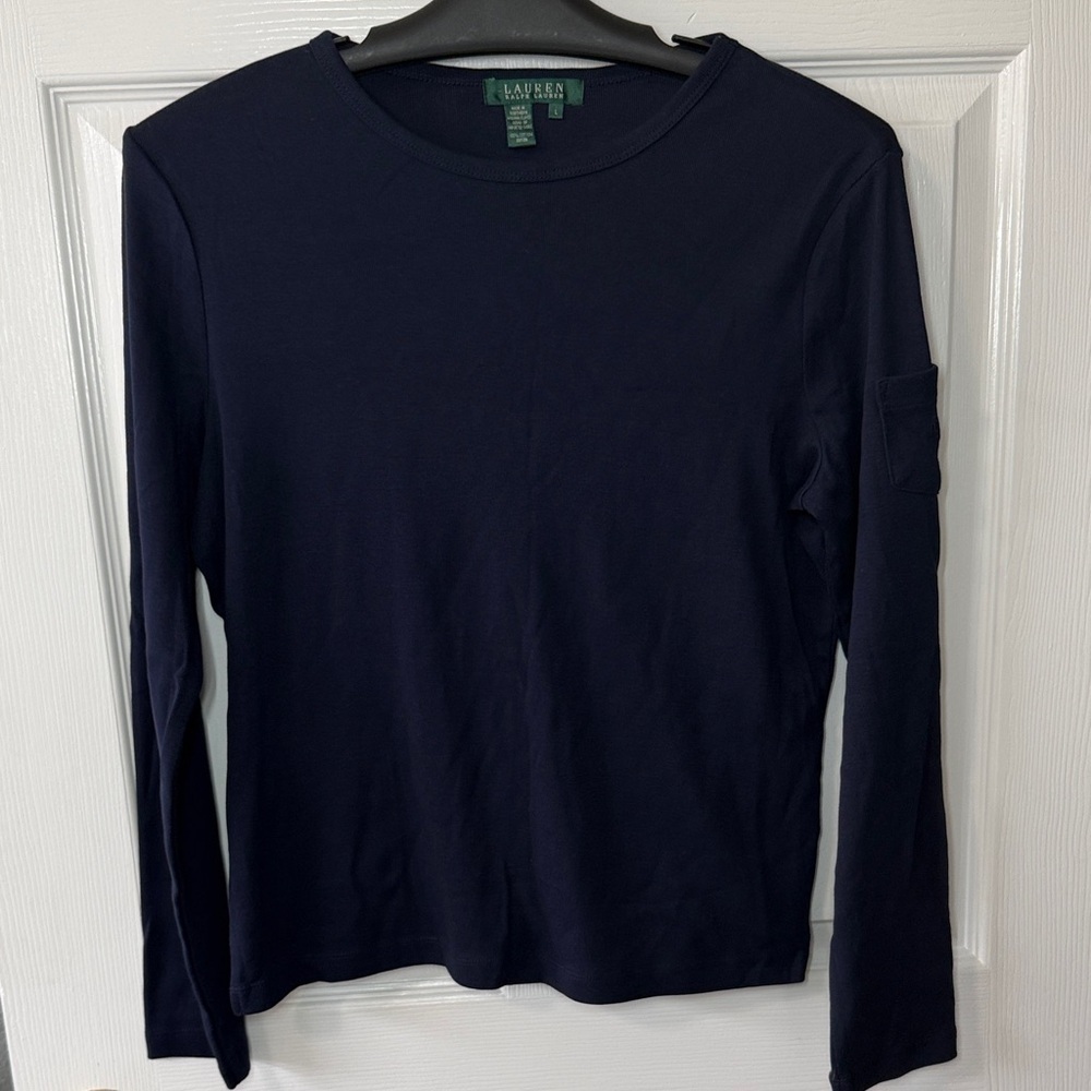 Lauren Ralph Lauren Navy Embroidered Sleeve Top